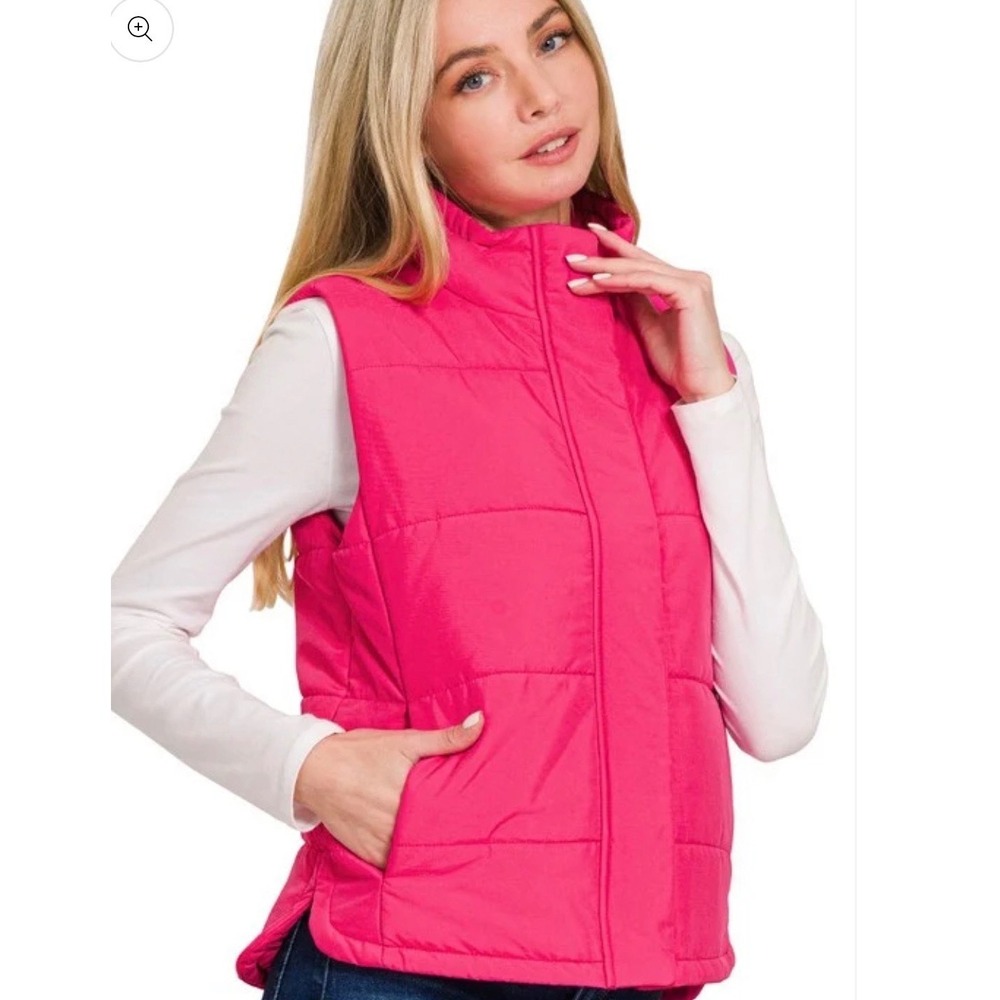 Zenana Hot Pink Fuchsia Puffer Vest Womens Small QJ-7234Y Snap Zip Front